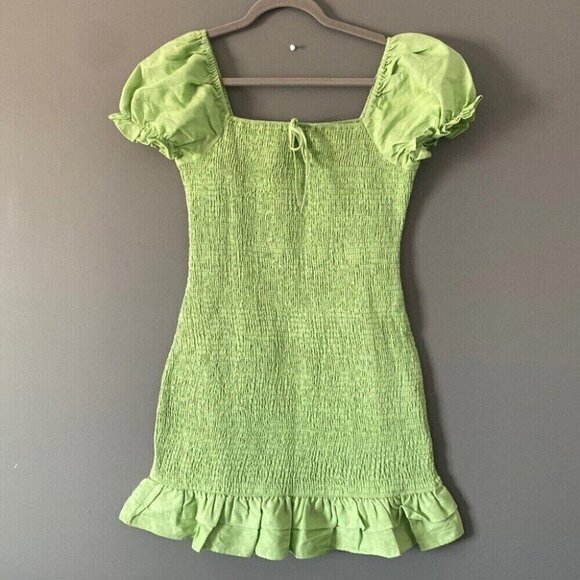 English Factory Green Smocked Mini Dress L Puff Sleeve Ruffle Hem Western Boho - Picture 2 of 12